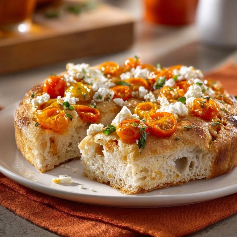 Focaccia mit Tomaten und Feta in Nahaufnahme: Der Anschnitt zeigt die lockere, luftige Krume und die saftigen Tomaten.