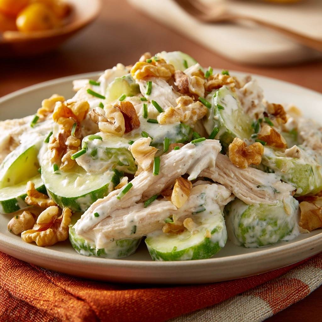 Frischer Hähnchen-Gurken-Salat mit Walnüssen, serviert auf einem hellen Teller, garniert mit frischen Kräutern und knackigen Walnüssen.