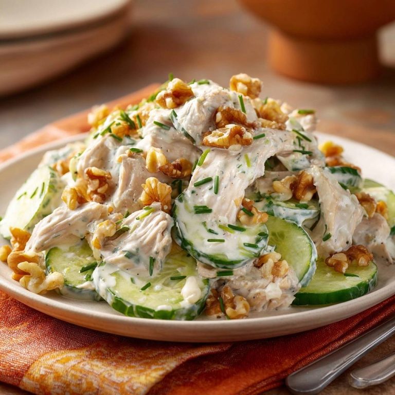 Frischer Hähnchen-Gurken-Salat mit Walnüssen, serviert auf einem weißen Teller, garniert mit frischen Kräutern und knackigen Walnüssen.