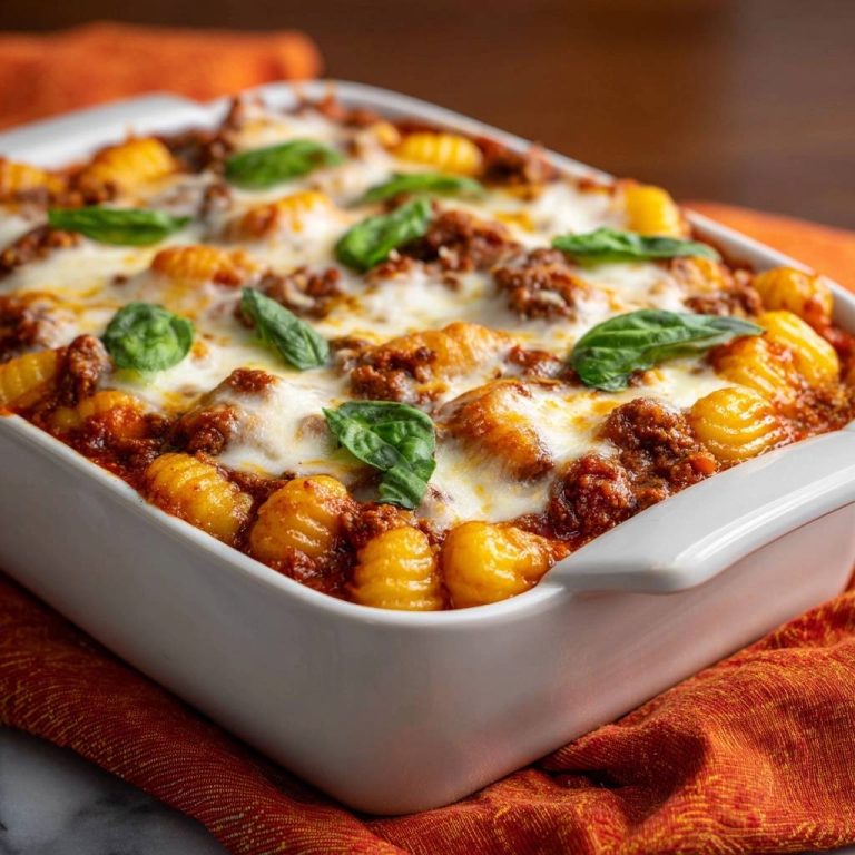 Gebackene Gnocchi mit Hackfleischsoße in einer Auflaufform, garniert mit frischen Basilikumblättern, in Nahaufnahme. Der Käse ist geschmolzen.