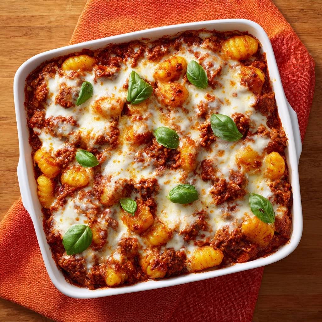 Gebackene Gnocchi Mit Hackfleischsosse Draufsicht 1 Gebackene Gnocchi mit Hackfleischsoße, serviert in einer Auflaufform, mit geschmolzenem Käse und frischen Basilikumblättern garniert.