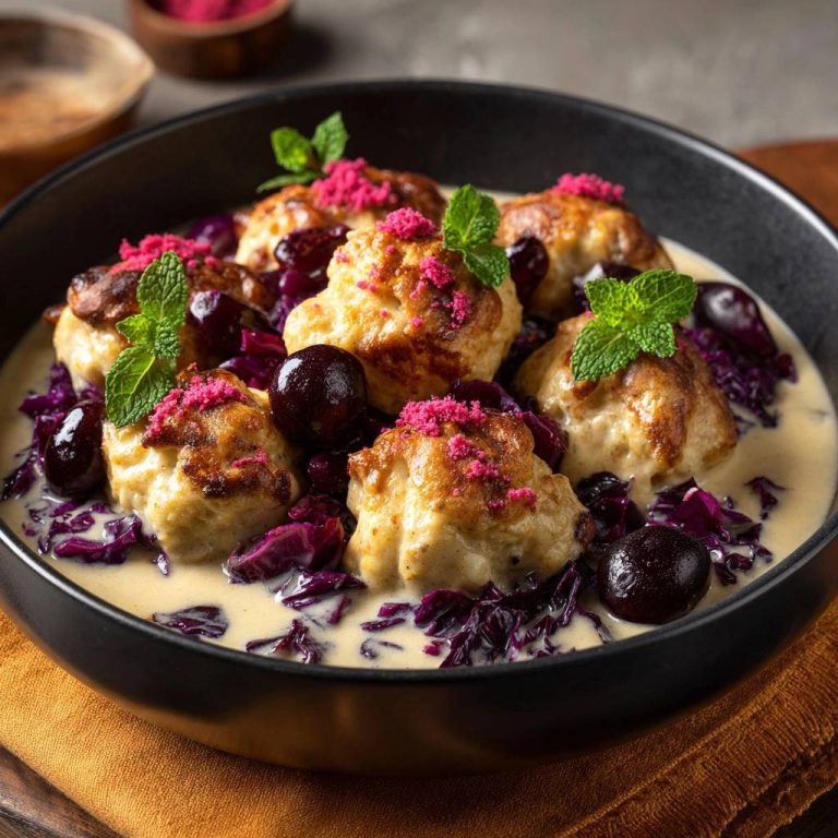 Gebratene Knödel mit Rotkohl, Sauerkirschen und Sahnesoße in einer dekorativen Schüssel, mit frischer Minze garniert und von oben fotografiert.