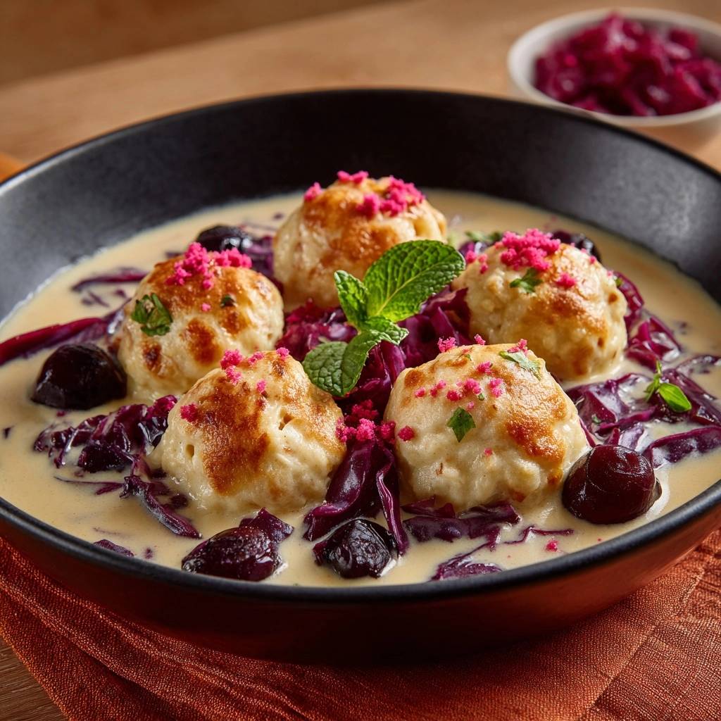 Gebratene Knödel mit Rotkohl, Sauerkirschen und Sahnesoße, Nahaufnahme der servierten Knödel mit Garnitur in der Soße.