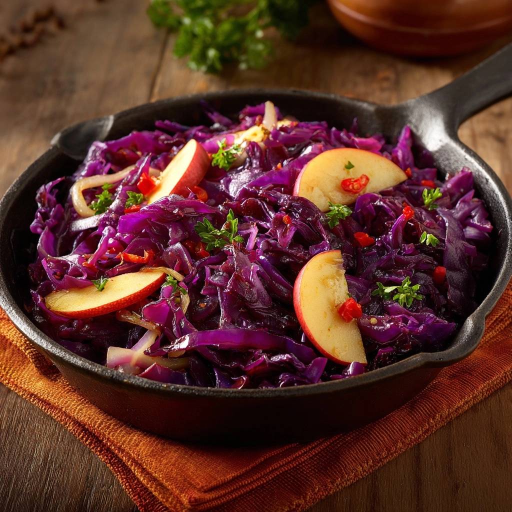 Gebratener Rotkohl Mit Apfeln Und Chili Draufsicht 1 Gebratener Rotkohl mit Äpfeln und Chili, serviert in einer gusseisernen Pfanne, aus der Vogelperspektive fotografiert. Das Gericht ist mit frischen Kräutern garniert.