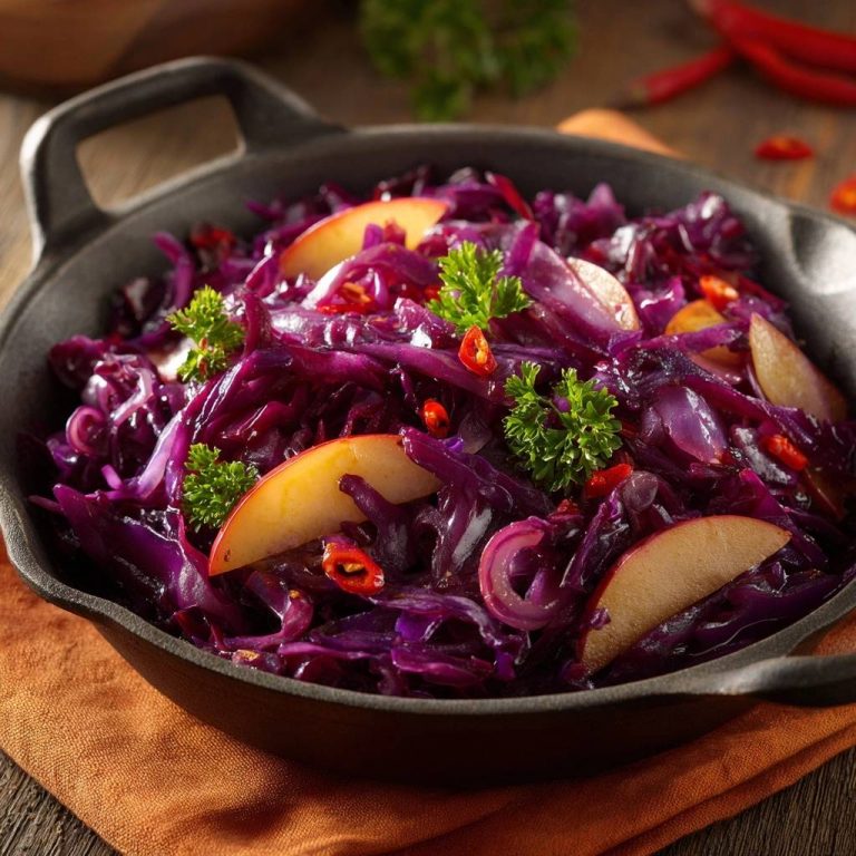 Gebratener Rotkohl mit Äpfeln und Chili, serviert in einer rustikalen Pfanne, garniert mit frischer Petersilie und roten Chilischoten, von oben betrachtet.