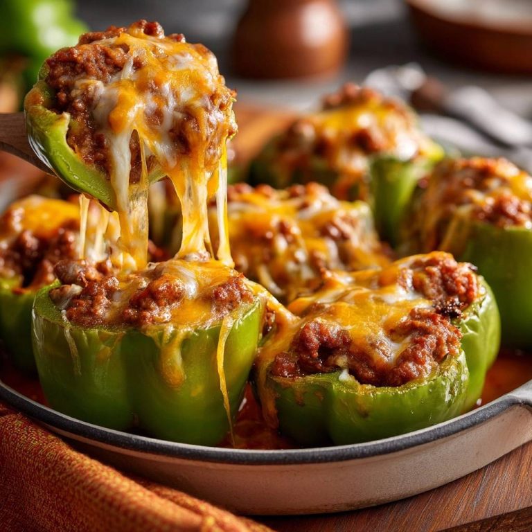 Gefüllte Paprikaschoten mit Hack und Käse, mit geschmolzenem Käse, der sich appetitlich von einer Paprika abhebt.