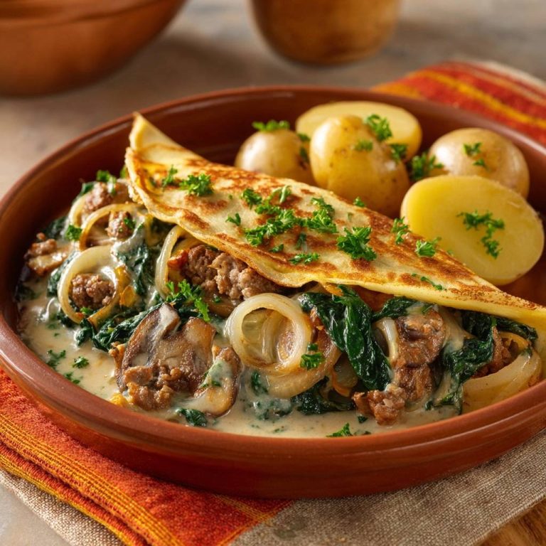 Gefülltes Spinatomlette mit Hack, Pilzen und Sahnesoße serviert in einer rustikalen Schale. Die cremig gefüllte Omlette wird mit Kartoffeln serviert.