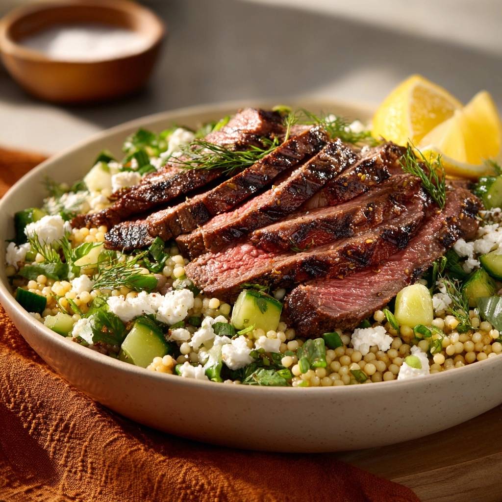 Gegrilltes Rindersteak auf Dill-Gurken-Couscous in Nahaufnahme, serviert mit frischen Kräutern, Gurken und Feta-Käse in einer Schüssel.