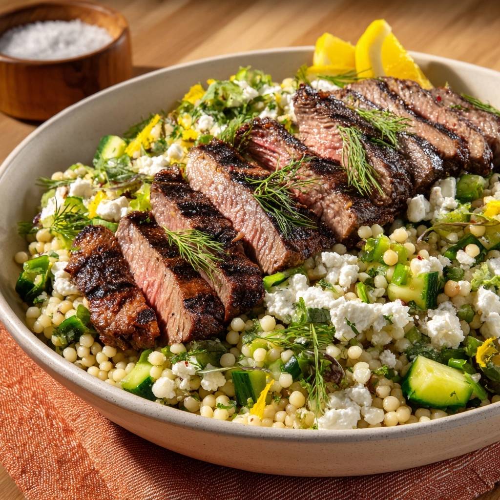Gegrilltes Rindersteak auf Dill-Gurken-Couscous, serviert in einer Schüssel, garniert mit frischem Dill und Zitrone. Ein köstliches Gericht.