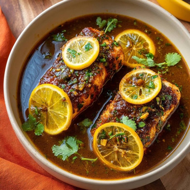 Glasierter Soja-Lachs mit Limette in einer Schüssel serviert, garniert mit Zitronenscheiben und frischen Kräutern.