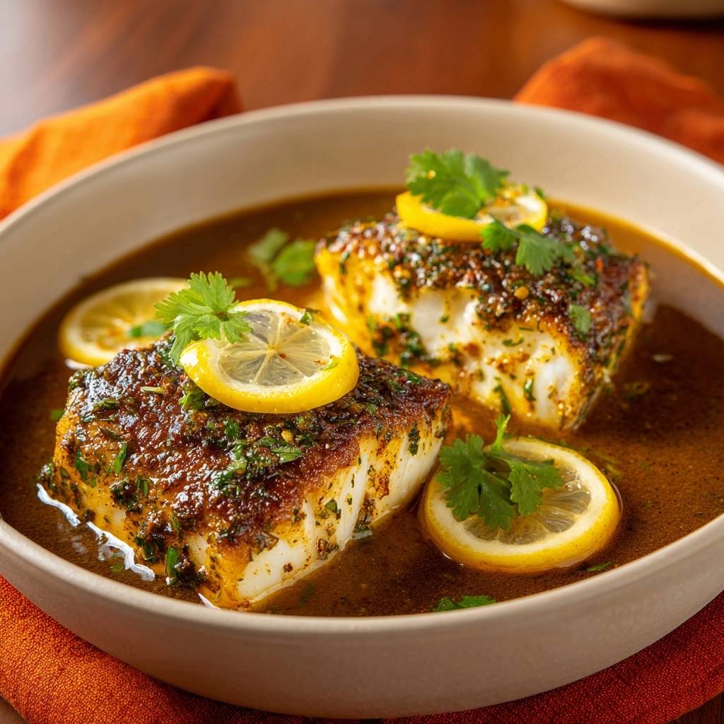 Glasierter Soja-Lachs mit Limette, serviert in einer Schüssel mit Zitronenscheiben und frischen Kräutern, angerichtet in aromatischer Sauce.