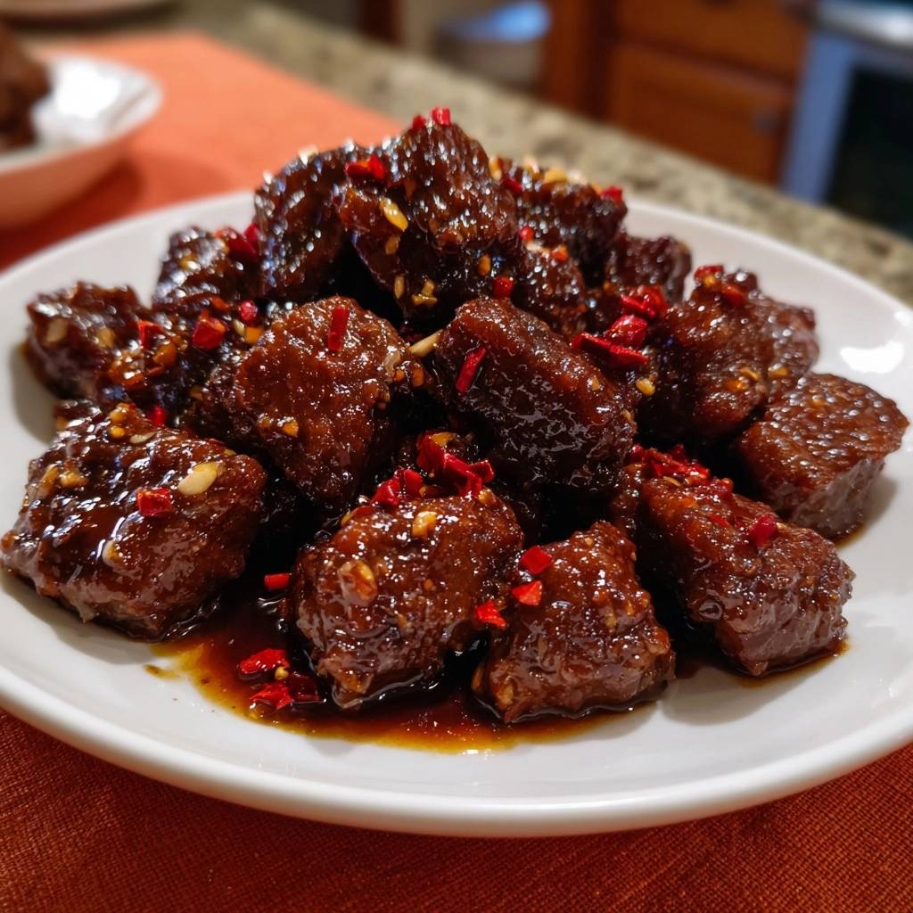 Glasiertes Pfeffer-Rindfleisch in Nahaufnahme auf einem weißen Teller serviert, mit roter Chili-Garnitur und glänzender Glasur.
