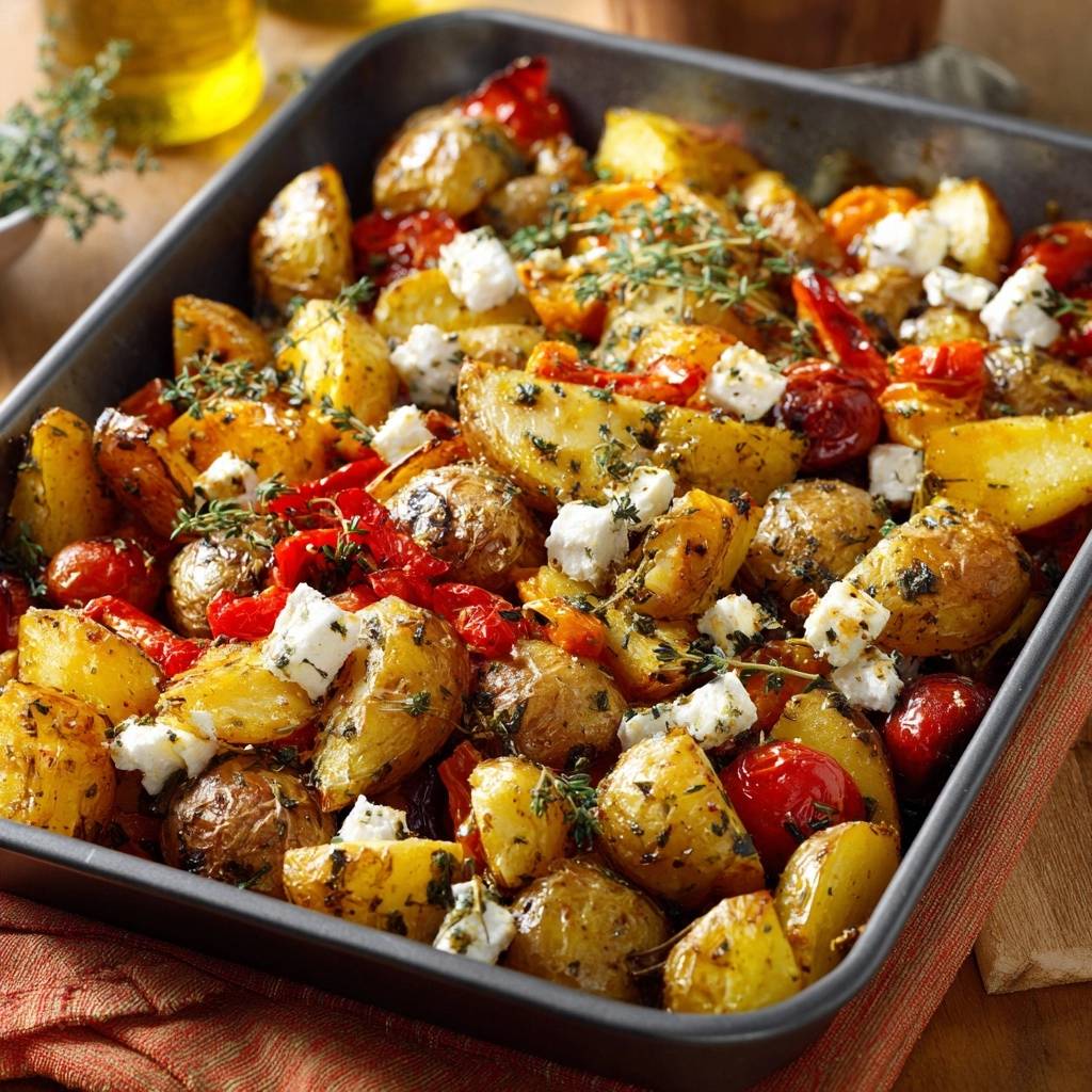 Griechische Ofenkartoffeln Mit Tomaten Und Feta Draufsicht 1 Griechische Ofenkartoffeln mit Tomaten und Feta in einer Backform, serviert mit frischem Thymian und zerbröseltem Feta-Käse, von oben betrachtet.
