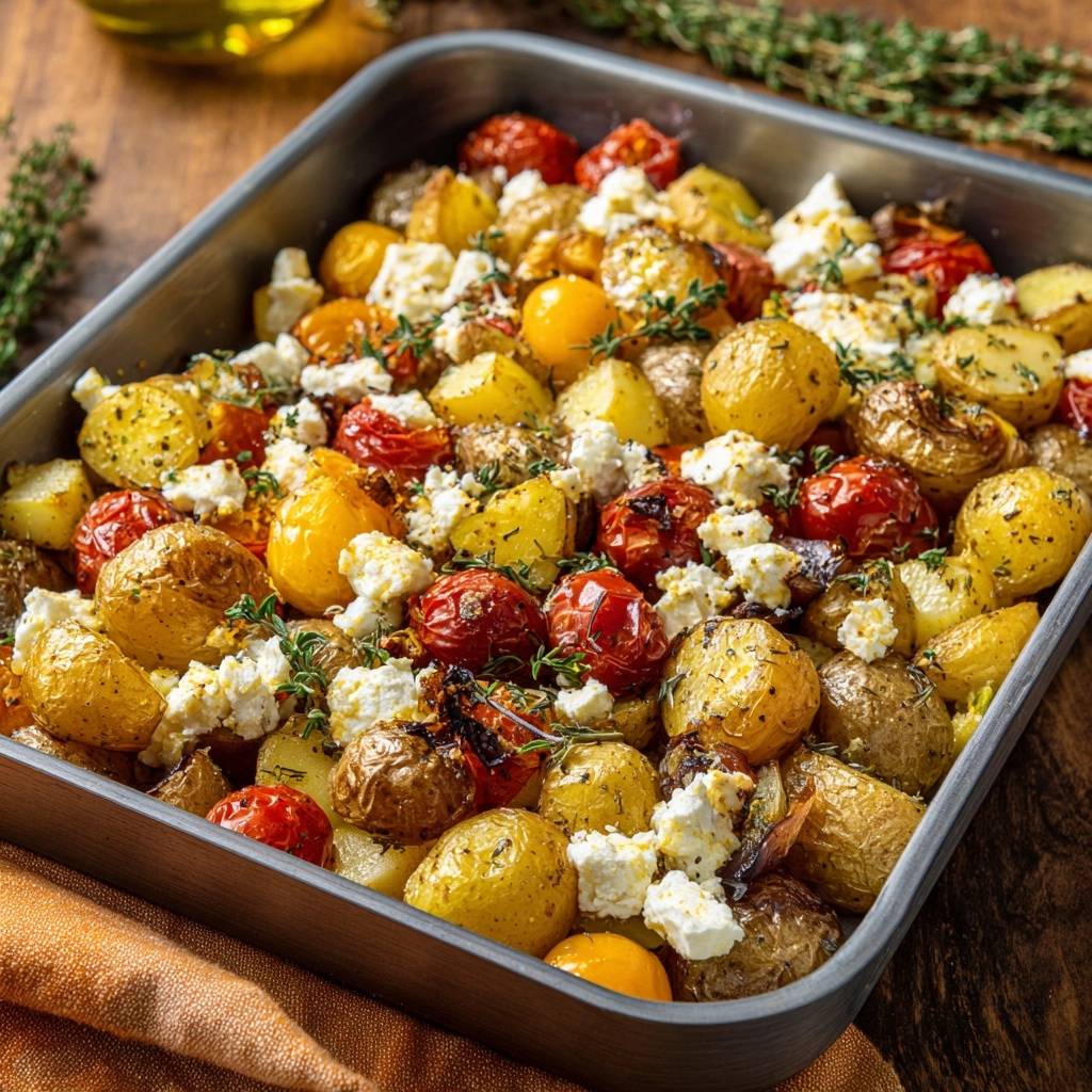 Griechische Ofenkartoffeln mit Tomaten und Feta in einer Auflaufform, von oben fotografiert, mit frischem Thymian und zerbröseltem Feta-Käse garniert.