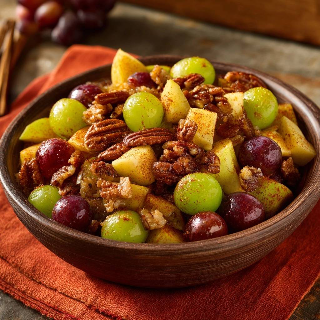 Herbstlicher Apfel-Trauben-Salat mit Pekannüssen in einer rustikalen Holzschale, serviert aus der Vogelperspektive, mit frischen Trauben und Pekannüssen.