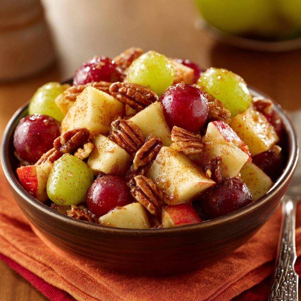 Herbstlicher Apfel-Trauben-Salat mit Pekannüssen in einer Nahaufnahme, der die frischen Zutaten und die knusprigen Pekannüsse zeigt.