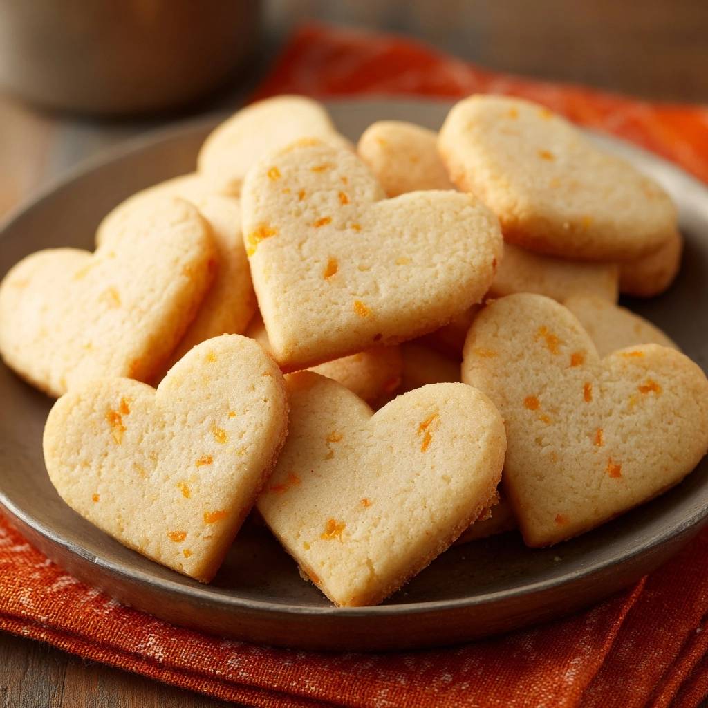 Herzförmige Orangen-Shortbread, frisch gebacken, in Nahaufnahme auf einem Teller serviert, mit winzigen Orangenschalen-Stückchen.