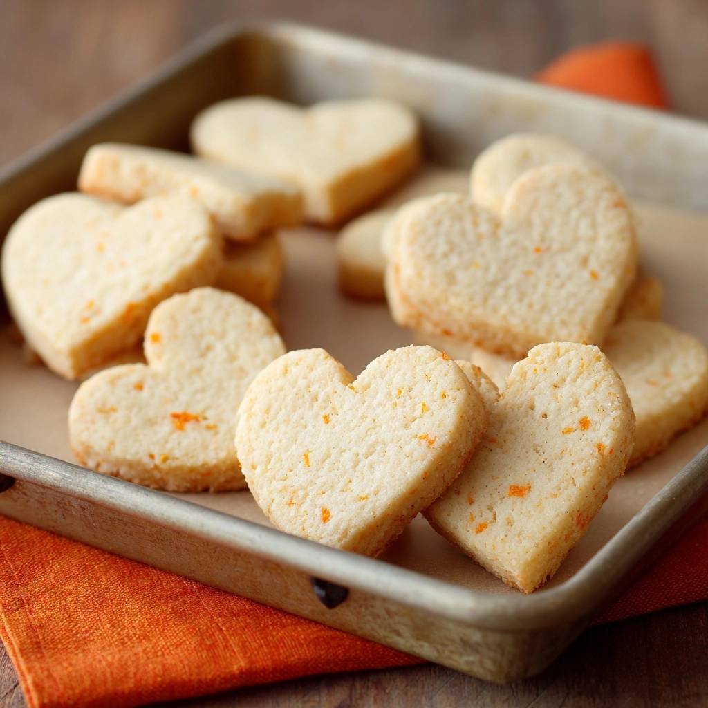 Herzförmige Orangen-Shortbread in Nahaufnahme, die herzförmigen Kekse mit Orangenschale auf einem Backblech gestapelt.