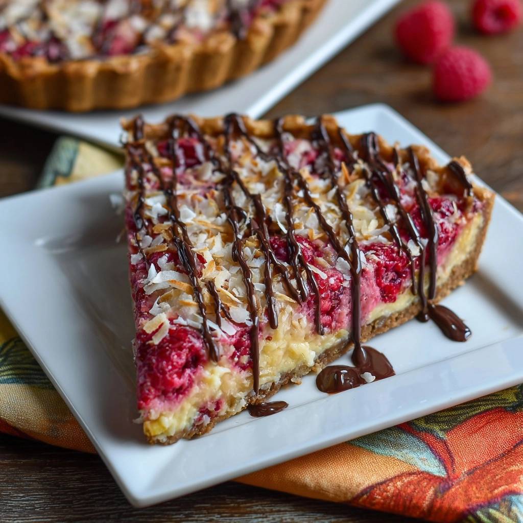 Himbeer-Kokos-Schoko-Torte: Ein einzelnes Stück serviert, mit dem köstlichen Querschnitt und der Schokoladen-Deko auf einem Teller.