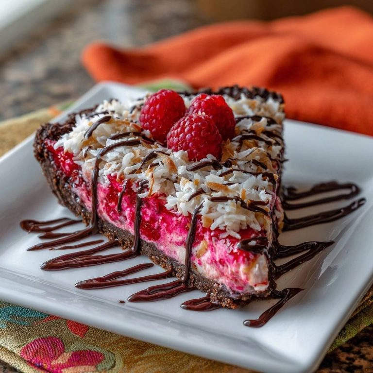 Himbeer-Kokos-Schoko-Torte, ein köstliches Stück, serviert und mit frischen Himbeeren und Schokoladensauce garniert.