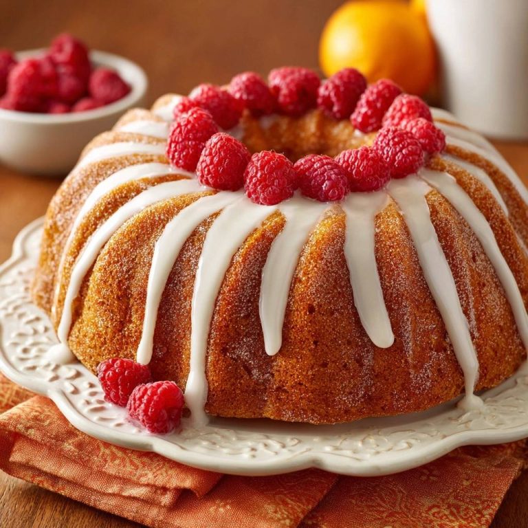 Himbeer-Orangen-Gugelhupf, garniert mit frischen Himbeeren, die auf dem Zuckerguss liegen, der den Kuchen bedeckt. Der Gugelhupf steht auf einem verzierten Teller.