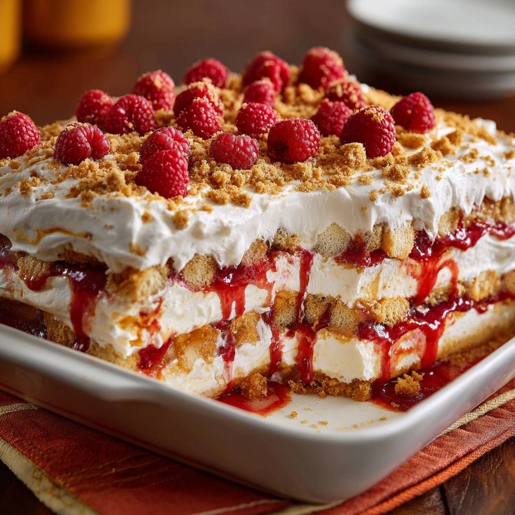 Himbeer-Sahne-Knuspertorte zeigt einen verführerischen Querschnitt mit cremigen Schichten, leuchtenden Himbeeren und knusprigen Elementen.
