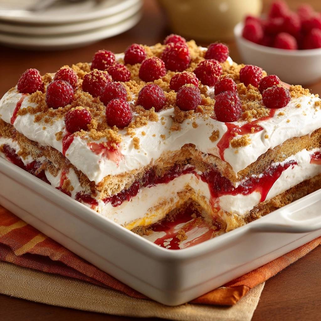 Himbeer-Sahne-Knuspertorte im Querschnitt, mit saftiger Himbeersauce und cremigen Schichten, die zum Reinbeißen einladen.