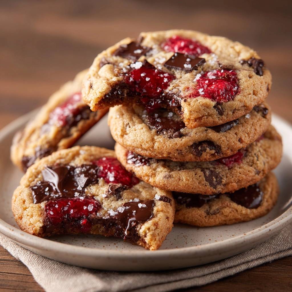 Himbeer-Schoko-Cookies in Nahaufnahme mit einem angebissenen Cookie, der die saftige Füllung aus Himbeeren und Schokolade zeigt.