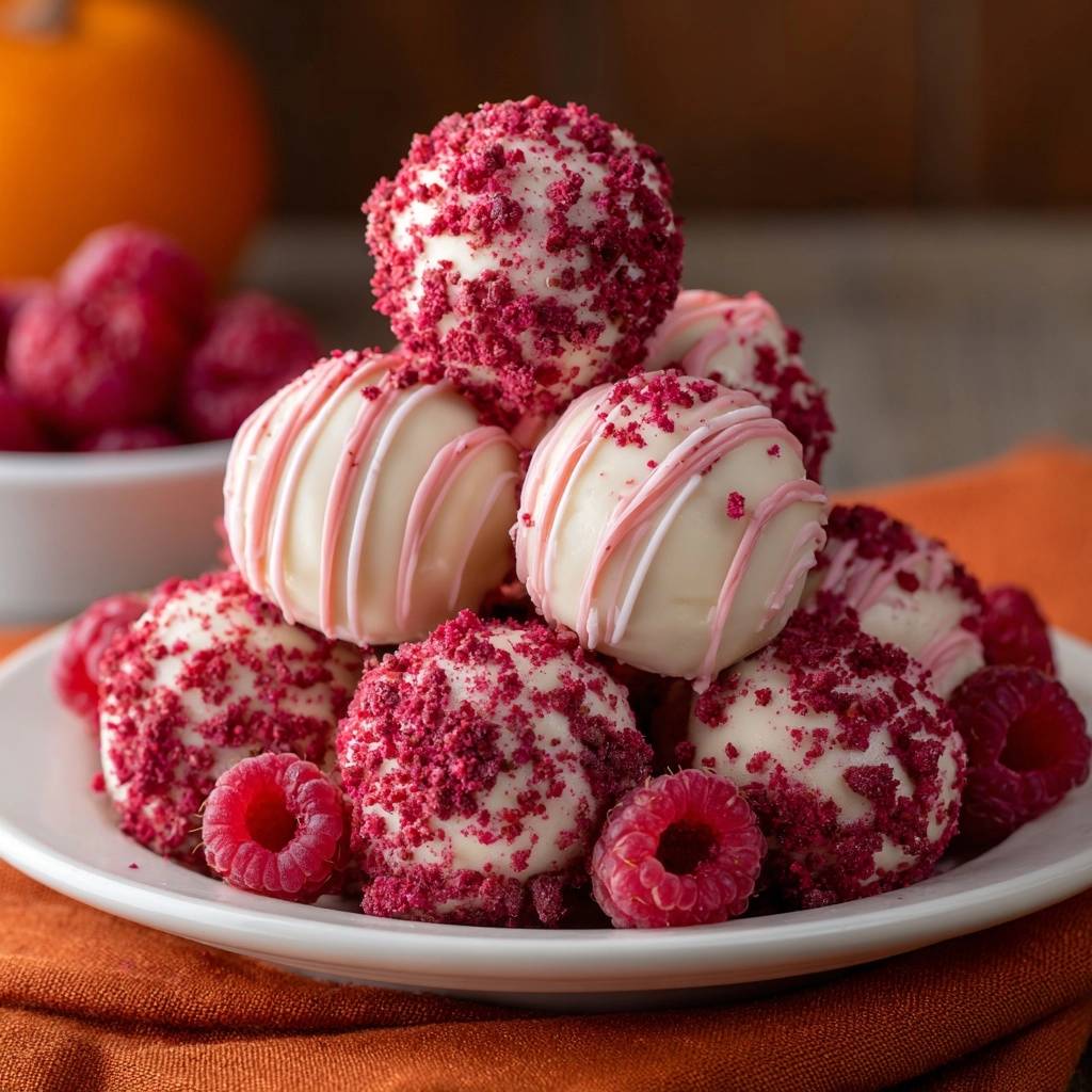 Himbeer Weisschokoladen Truffel Nahaufnahme 1 Himbeer-Weißschokoladen-Trüffel in Nahaufnahme, auf einem Teller angerichtet und mit frischen Himbeeren garniert. Die Trüffel sind mit gefriergetrockneten Himbeeren bedeckt.