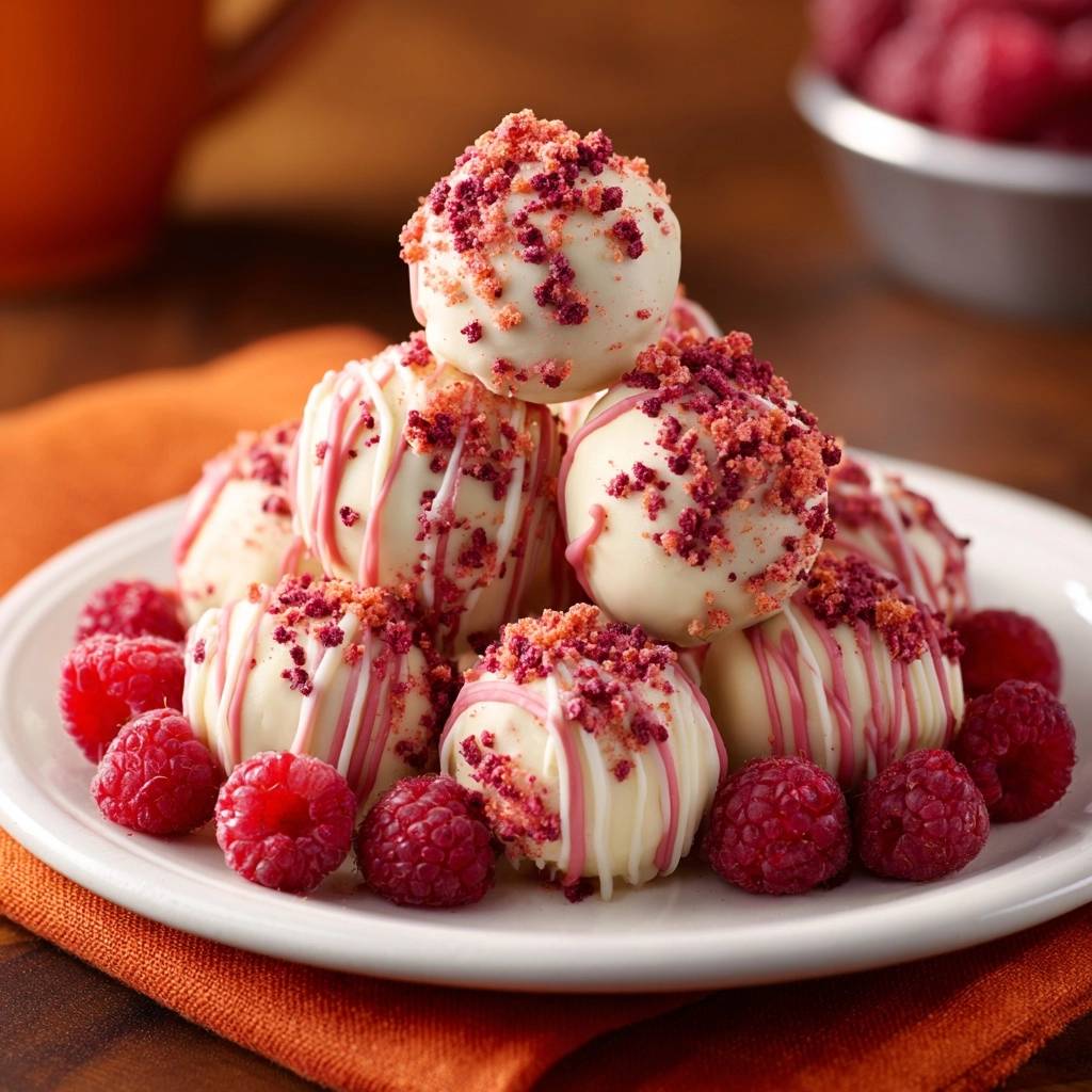 Himbeer-Weißschokoladen-Trüffel in Nahaufnahme auf einem Teller serviert, mit frischen Himbeeren dekoriert und mit rosafarbenen Streuseln bestreut.