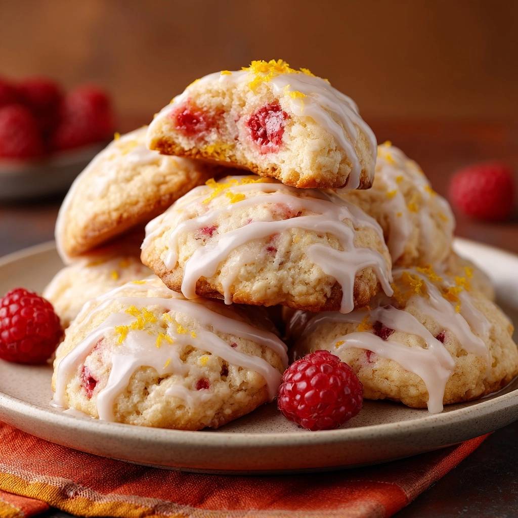 Himbeer Zitronen Scones Querschnitt Nahaufnahme 1 Himbeer-Zitronen-Scones im Nahaufnahme-Querschnitt, der die saftigen, frischen Himbeeren und die Glasur zeigt. Die perfekte süße Leckerei für jede Gelegenheit.