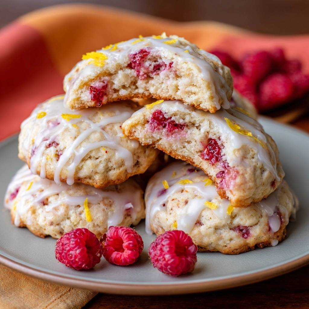 Himbeer-Zitronen-Scones im Nahaufnahme mit angeschnittenem Scone, der die saftigen Himbeeren und die Glasur zeigt.