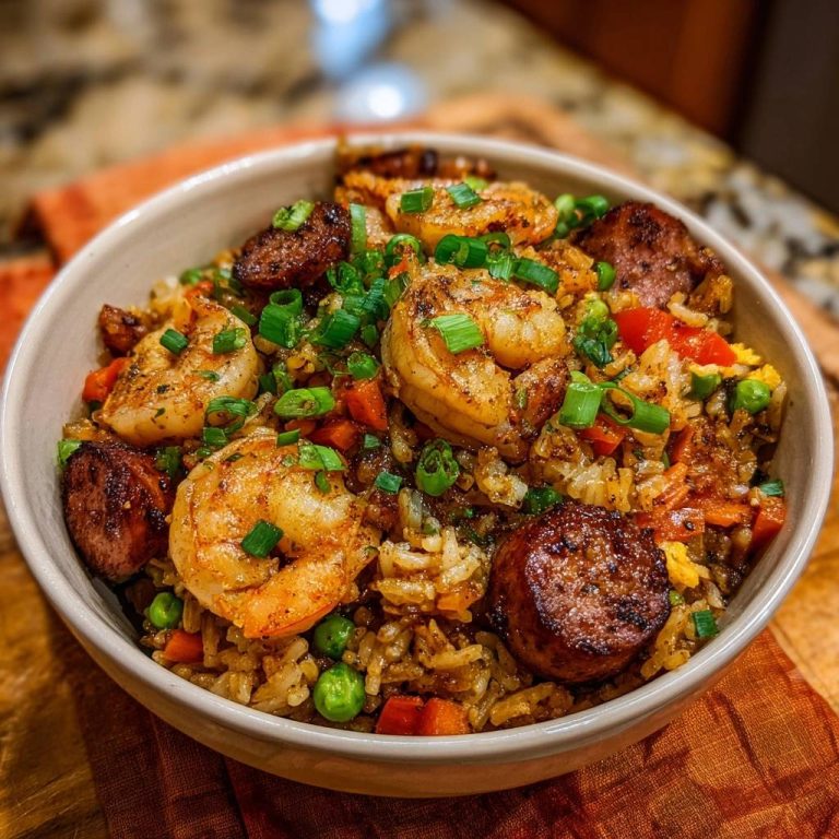 Jambalaya Fried Rice mit Garnelen & Wurst in Nahaufnahme, garniert mit frischen Kräutern, serviert in einer rustikalen Schüssel.