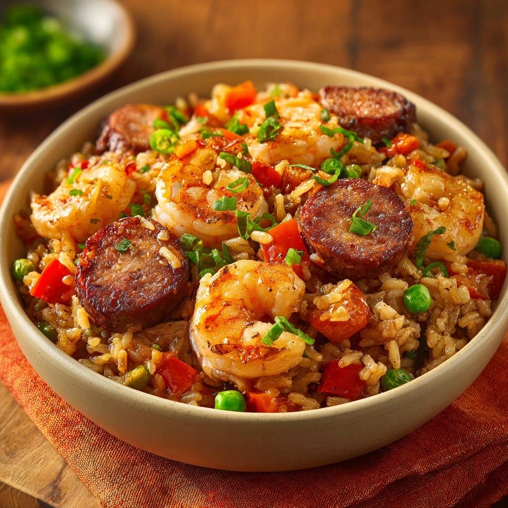 Jambalaya Fried Rice Mit Garnelen Wurst Draufsicht 1 Jambalaya Fried Rice mit Garnelen & Wurst in einer Schüssel, von oben betrachtet, garniert mit frischen Kräutern. Ein köstliches Gericht mit Reis, Wurst und Shrimps.