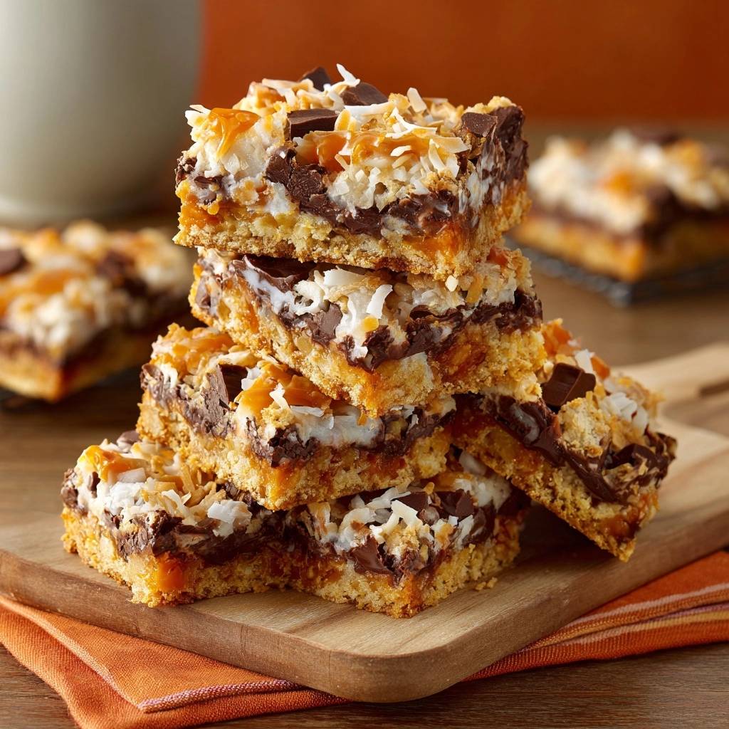 Karamell-Kokos-Pekan-Schoko-Bars zeigen einen köstlichen Querschnitt, der die geschichteten Zutaten mit Karamell, Kokosnuss und Schokolade offenbart.