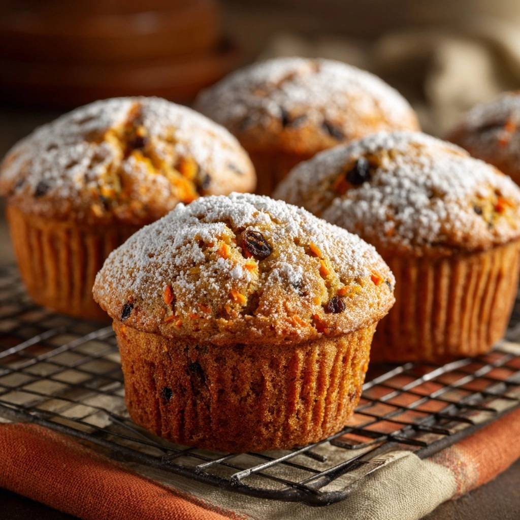 Karotten Rosinen Muffins Frisch Gebacken 1 Karotten-Rosinen-Muffins, frisch gebacken und mit Puderzucker bestäubt, stehen auf einem Kühlrost bereit zum Abkühlen.