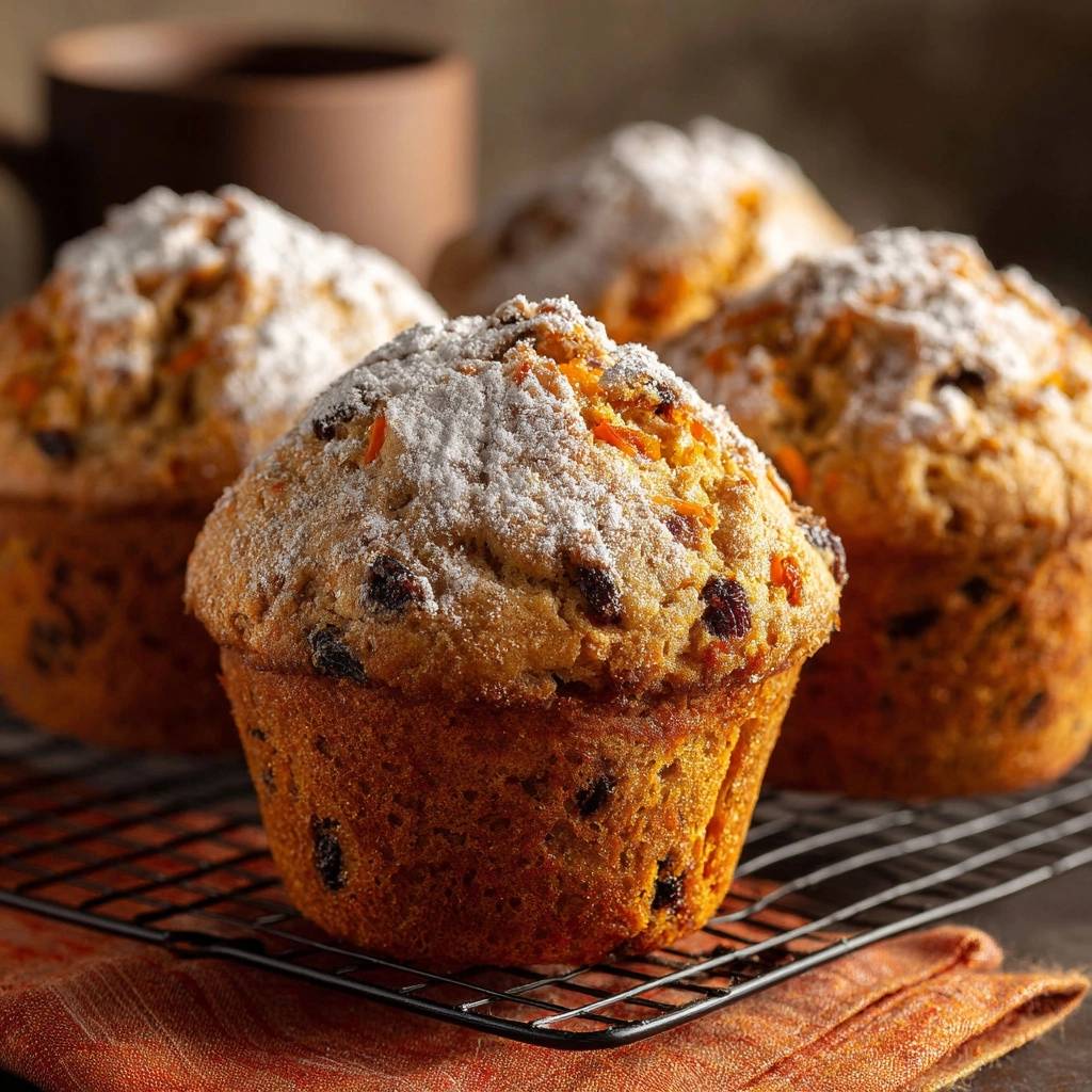 Karotten-Rosinen-Muffins liegen frisch gebacken auf einem Kühlrost, bestäubt mit Puderzucker. Die saftigen Muffins sind mit Rosinen und Karottenstückchen gefüllt.