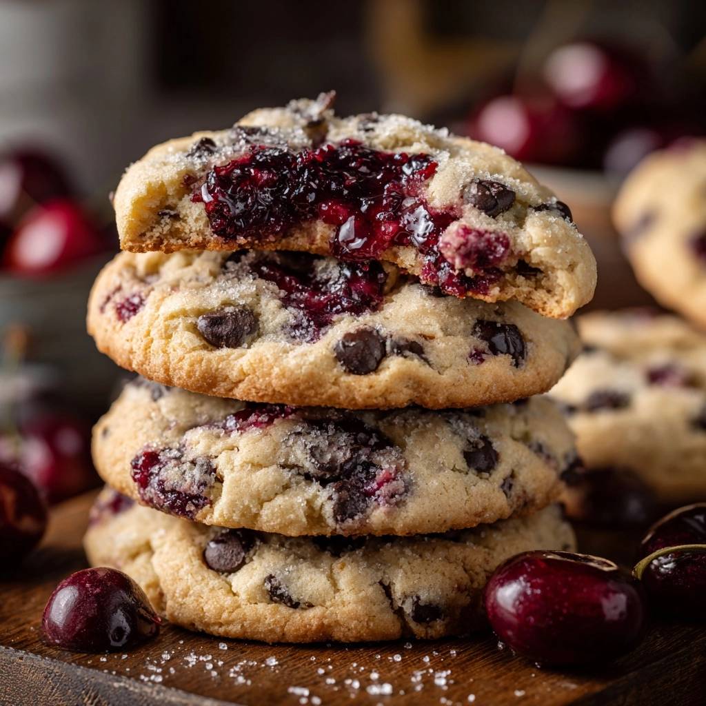 Kirsch-Schoko-Thumbprint-Cookies, ein Nahaufnahme-Querschnitt, der die saftige Kirschfüllung und Schokostückchen in den Keksen zeigt.