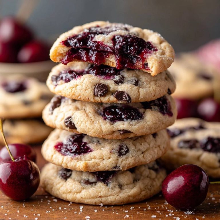Kirsch-Schoko-Thumbprint-Cookies mit einem saftigen Kirsch-Schokoladen-Kern, präsentiert in einem Nahaufnahme-Querschnitt, der die köstliche Füllung zeigt.