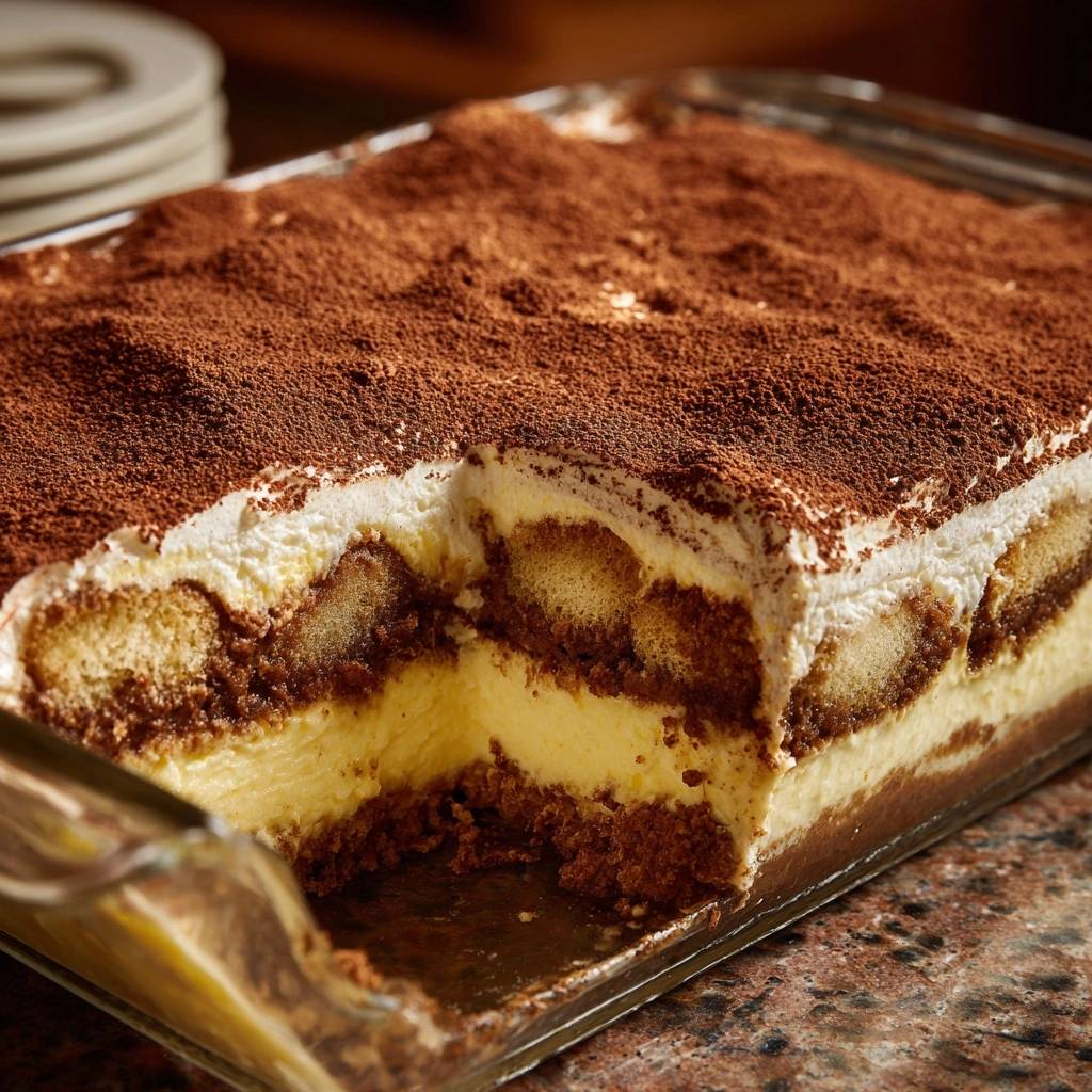 Klassisches Tiramisu in Nahaufnahme zeigt einen köstlichen Anschnitt mit sichtbaren Löffelbiskuits, Creme und Kakaopulver.