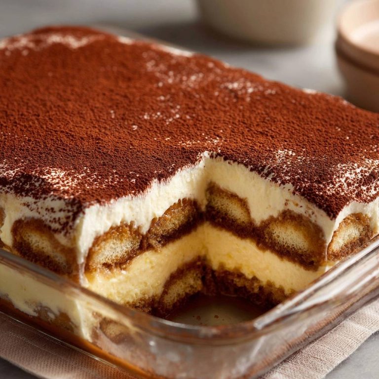 Klassisches Tiramisu in Nahaufnahme zeigt einen angeschnittenen Teil des Desserts. Die cremigen Schichten und Biskuits sind gut sichtbar.