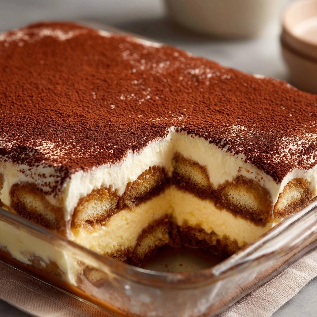 Klassisches Tiramisu in Nahaufnahme zeigt einen angeschnittenen Teil des Desserts. Die cremigen Schichten und Biskuits sind gut sichtbar.
