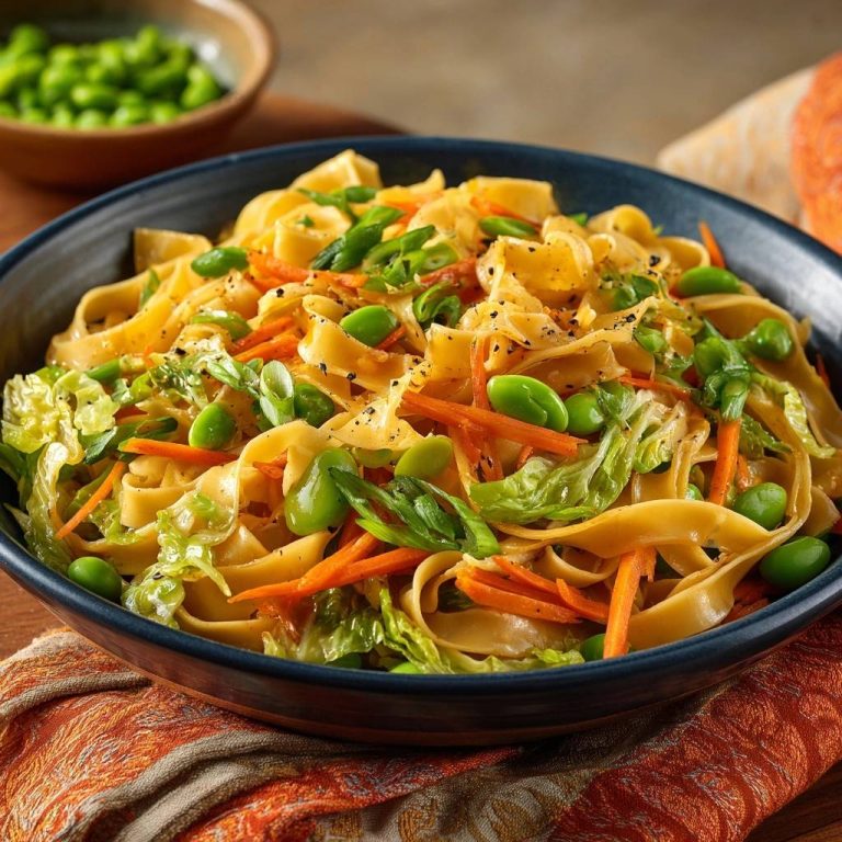 Knackige Edamame-Wok-Nudeln mit Karotten & Spargel, draufsicht. Eine Schüssel voller köstlicher Nudeln mit frischem Gemüse und Edamame, in Nahaufnahme von oben.