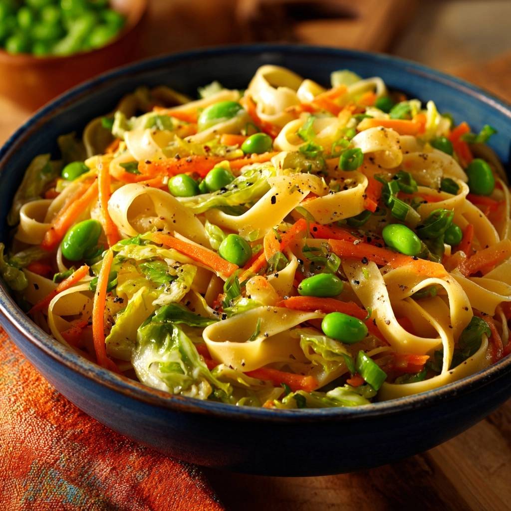 Knackige Edamame Wok Nudeln Nahaufnahme 1 Knackige Edamame-Wok-Nudeln mit Karotten & Spargel in einer Nahaufnahme, serviert in einer blauen Schüssel, garniert mit frischem Gemüse.