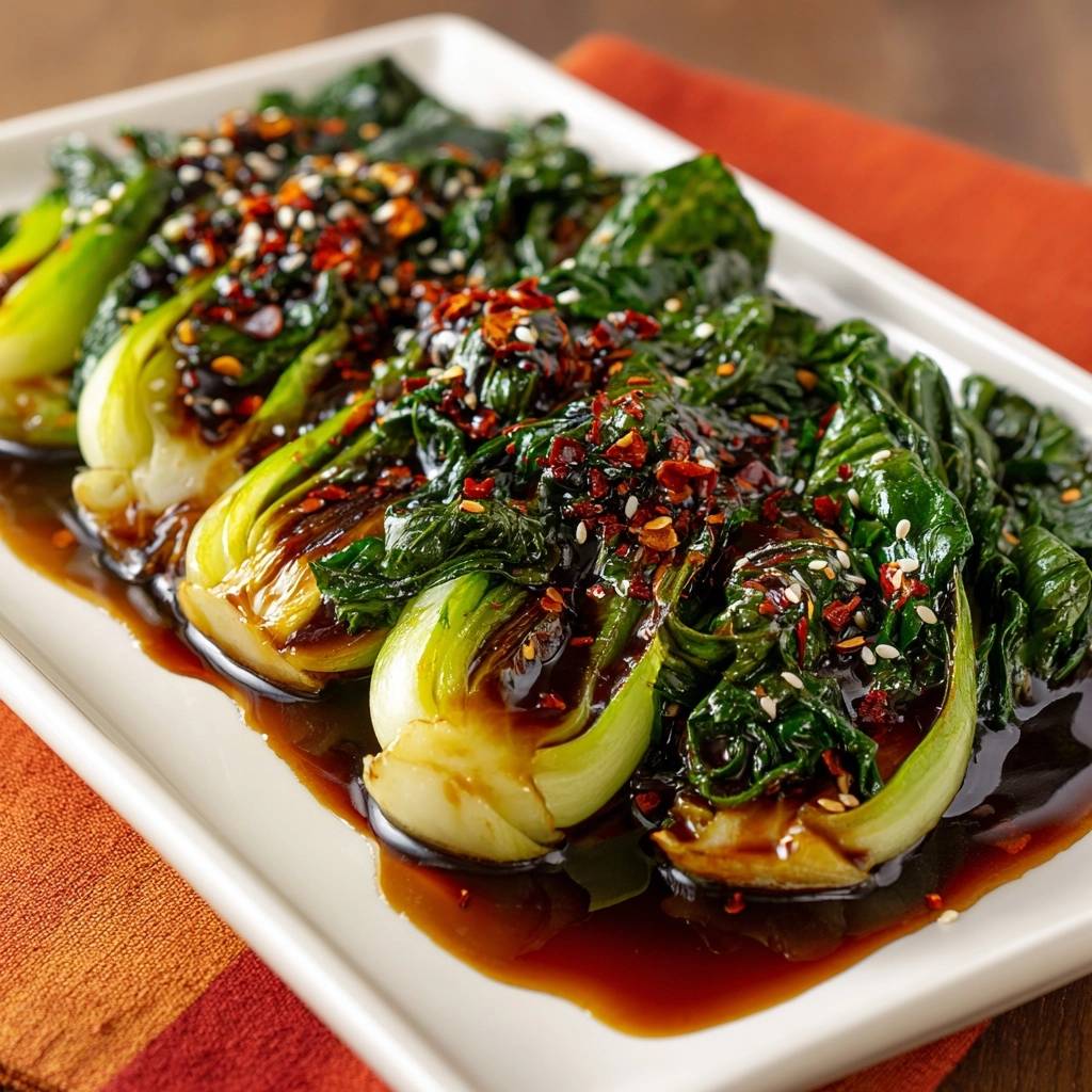 Knackiger Bok Choy mit Chili-Sesam-Soße, serviert auf einem weißen Teller, glänzt mit der würzigen Soße und Sesamkörnern.