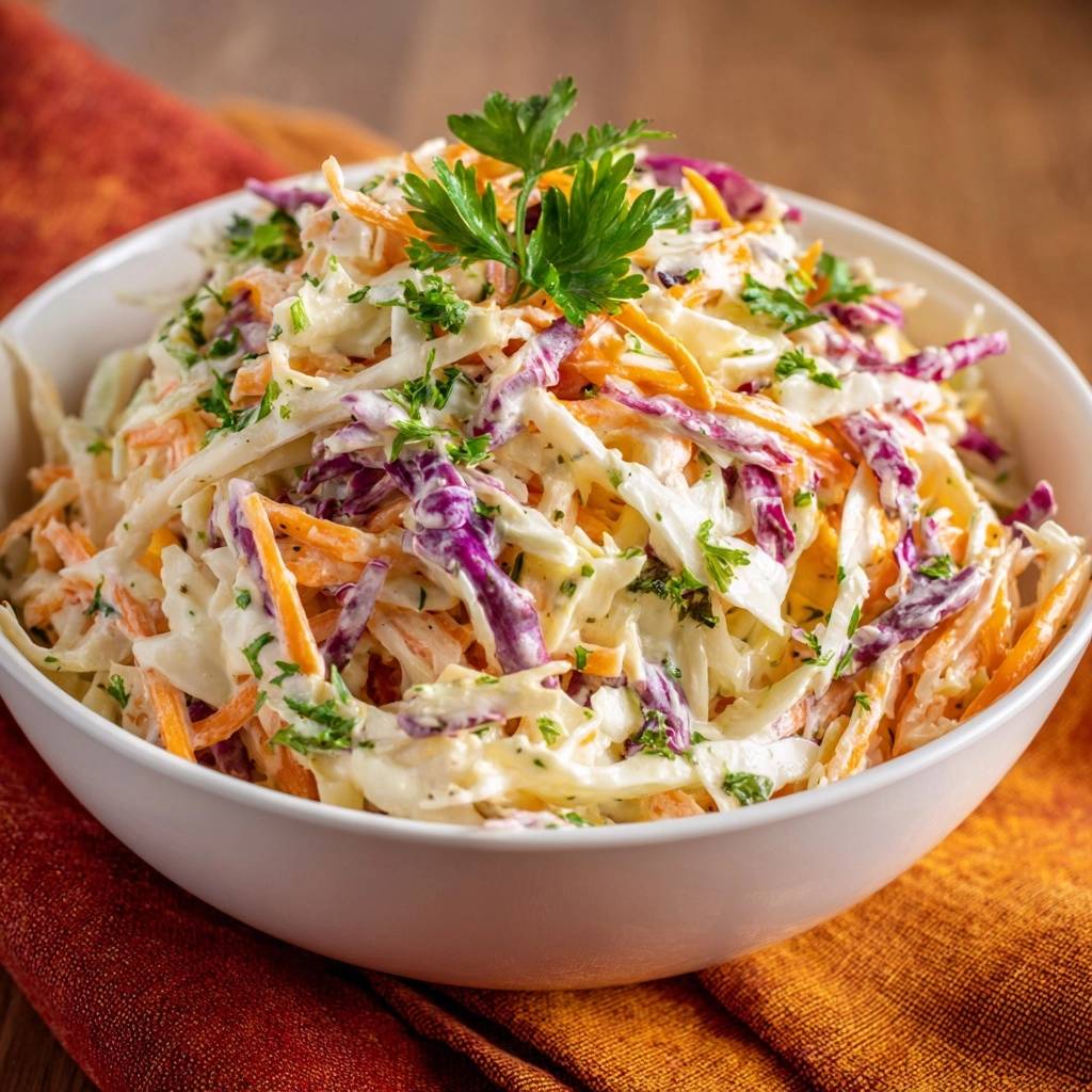 Knackiger Coleslaw Draufsicht Serviert 1 Knackiger Coleslaw, serviert in einer weißen Schüssel, präsentiert eine lebendige Mischung aus gehobeltem Kohl und Karotten. Mit frischer Petersilie garniert.