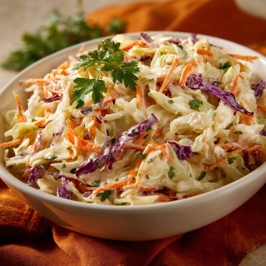 Knackiger Coleslaw, serviert in einer weißen Schüssel, zeigt eine draufsichtartige Präsentation mit knackigem Weißkohl, Karotten und einem cremigen Dressing.