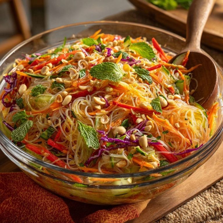Knackiger Glasnudelsalat in einer Glasschüssel serviert, garniert mit Erdnüssen und frischer Minze, von oben fotografiert.