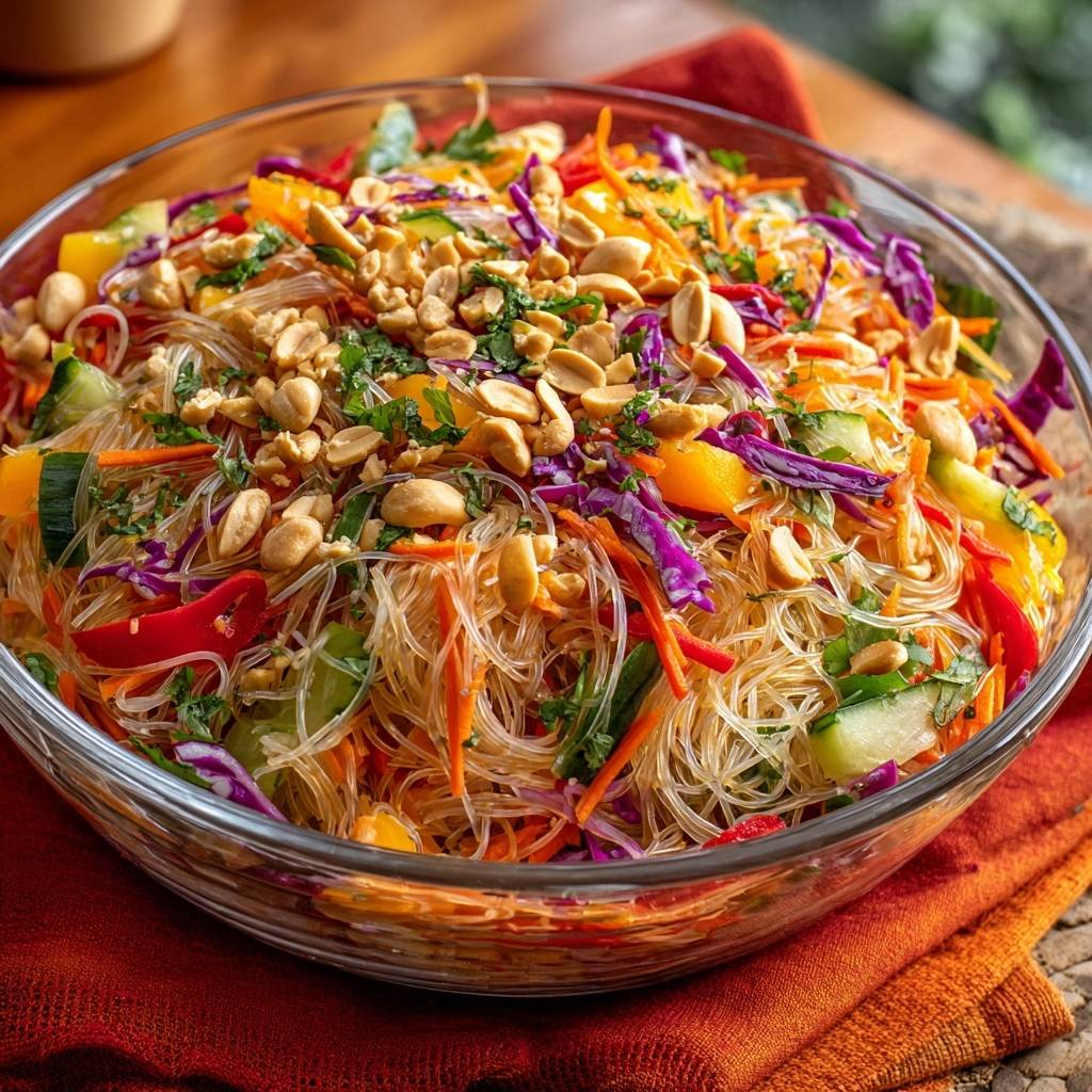 Knackiger Glasnudelsalat mit buntem Gemüse und Erdnüssen, serviert in einer großen Glasschüssel, aus der Vogelperspektive betrachtet.
