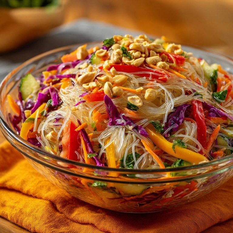 Knackiger Glasnudelsalat mit buntem Gemüse und Erdnüssen in einer Glas-Servierschüssel, serviert in einer Nahaufnahme von oben.
